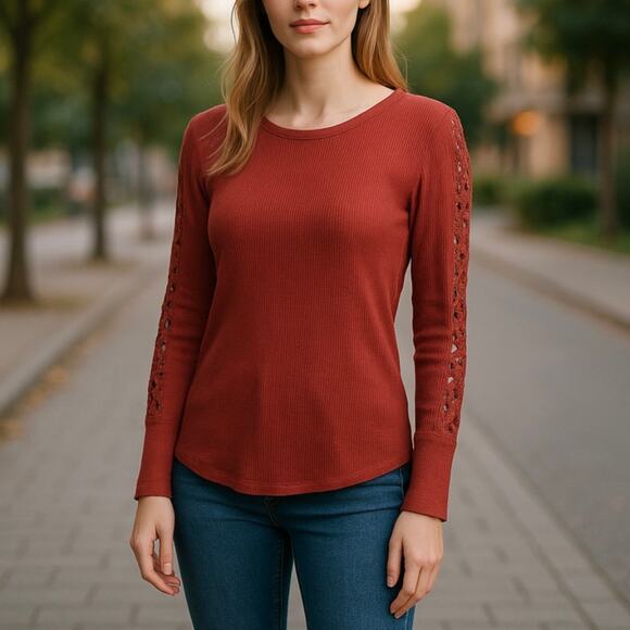 Sundance Tops - Sundance Pink Canyon Creek Thermal Crochet Long Sleeve Top